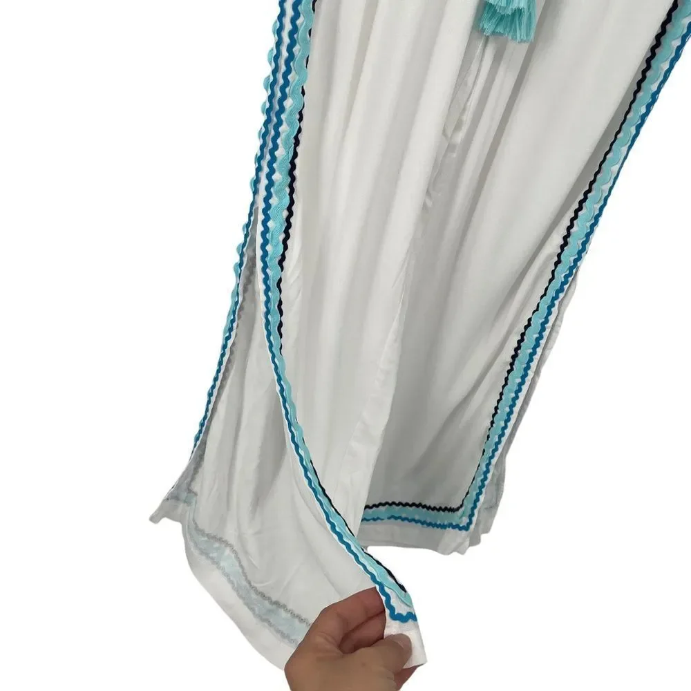 Surf Gypsy White Pull On Wide Leg Pant with Crochet Trim and Side Slit Large_3